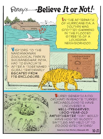 1. In the aftermath of Hurricane Ida, a dolphin was spotted swimming in the flooded streets of a Louisiana neighborhood. 2. Visitors to the Nandankanan Zoological Park in Bhubaneswar, India, had to evacuate after a tiger named Suraj temporarily escaped from its enclosure. 3. Buried beneath a fig orchard in remote Turkey, archaeologists have uncovered a well-preserved, 1,800-year-old amphitheater that would have hosted bloody battles and held up to 20,000 spectators! Submitted by Nate Westbury, Minneapolis, MN.