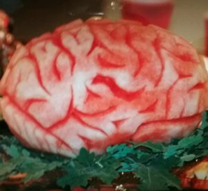 Watermelon brain from Chloe Holiday as a Halloween centerpiece