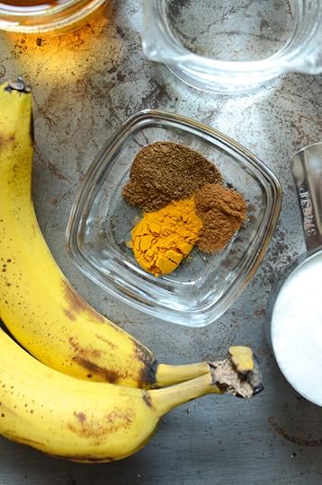 Close up on bananas, spices, and sugar.