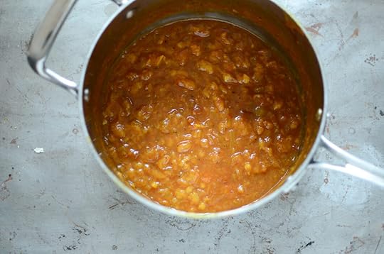 Cooked banana ketchup in a pot, before being pureed.