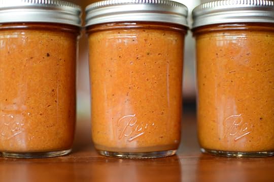 Three finished jars of banana ketchup.