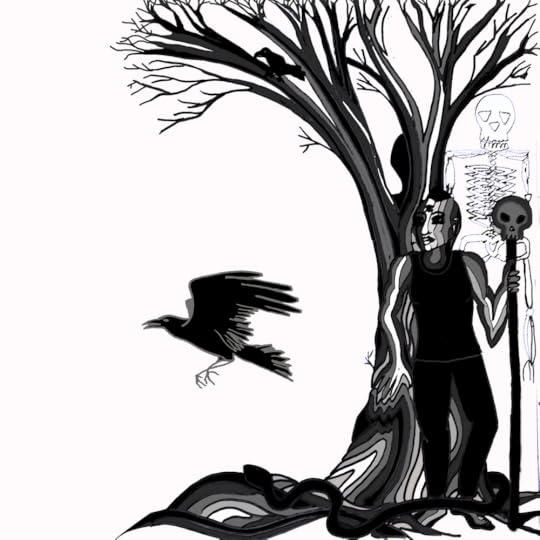 A tree spirit in the shape of a woman leans against a leafless tree while holding a skull on a long staff. There is a crow in the branches of the tree, and another taking off. A snake winds through the tree roots. A tall skeleton stands watchfully behind the woman's left shoulder.