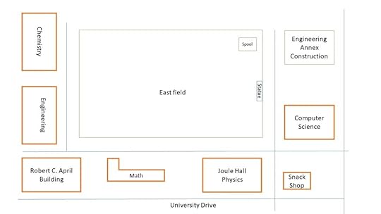Map of East field, showing Engineering Annex under construction, Joule Hall and L-Shaped Math Building at bottom, Robert C. April Building in the corner. Chemistry and Engineering on the right.
