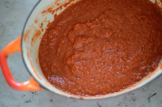 Harissa in the same oval Dutch oven, but this time, the sauce has been pureed smooth.