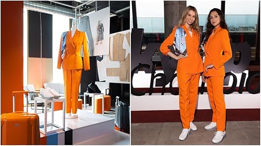 new SkyUp Airlines uniform with an orange pantsuit and comfy sneakers