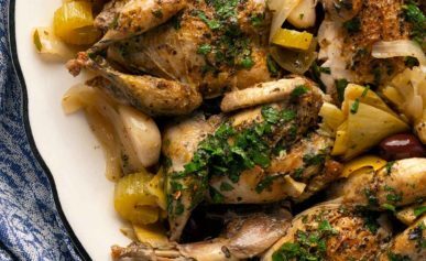 Braised quail on a platter