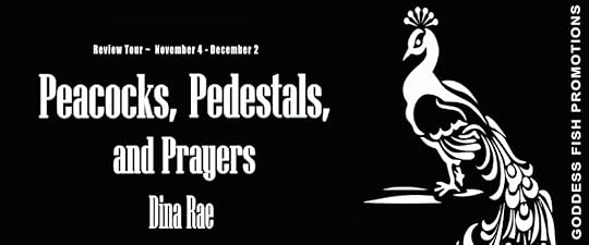Goddess Fish book tour banner for Peacocks, Pedestals, and Prayers