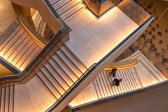 Image: a complex stairway with unexpected angles, seen from above.