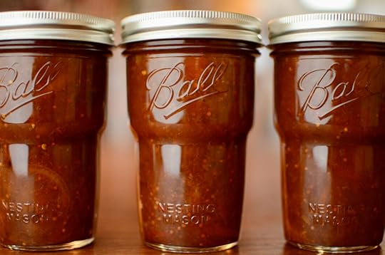 Three Ball Nesting Jars, filled with lemon peach turmeric chutney.