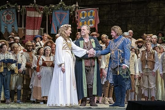 Lise Davidsen as Eva, Michael Volle as Hans Sachs, and Klaus Florian Vogt as Walther in Wagner's