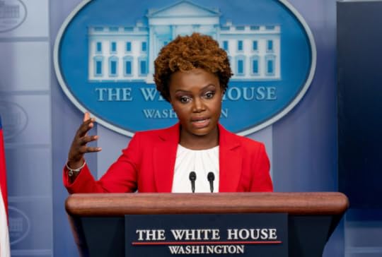 White House deputy press secretary Karine Jean-Pierre speaking to reporters at the White House