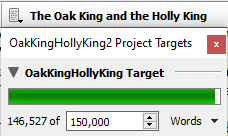 Scrivener screenshot displaying the final wordcount of Oak King Holly King at 146,527 words