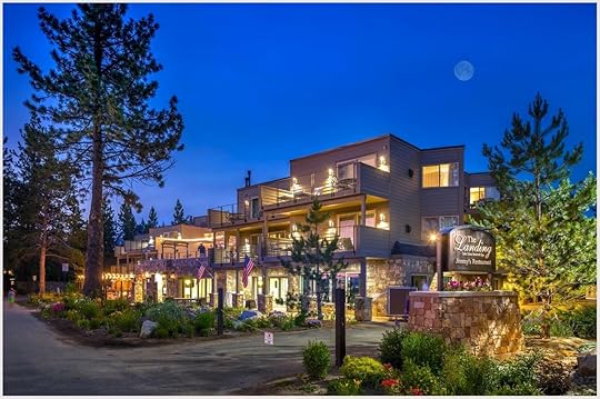 Exterior of The Landing Tahoe hotel at night
