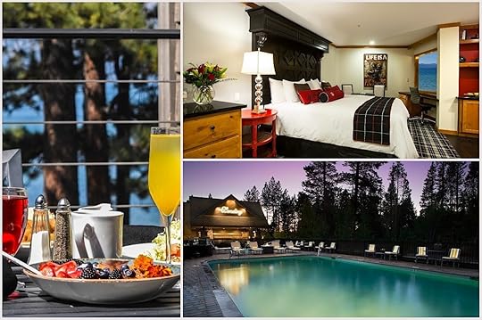 Collage of photos of the pool, rooms, and food at The Landing Tahoe hotel