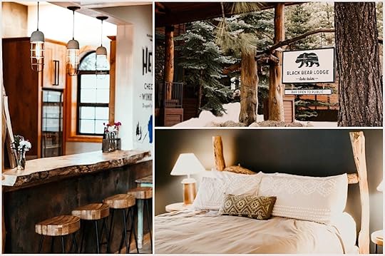 Collage of photos of Black Bear Lodge shoes white and black interiors with wood accents