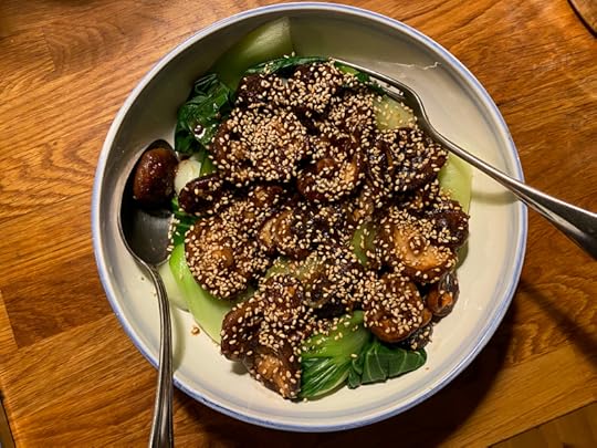 Glazed shiitakes and bok choy