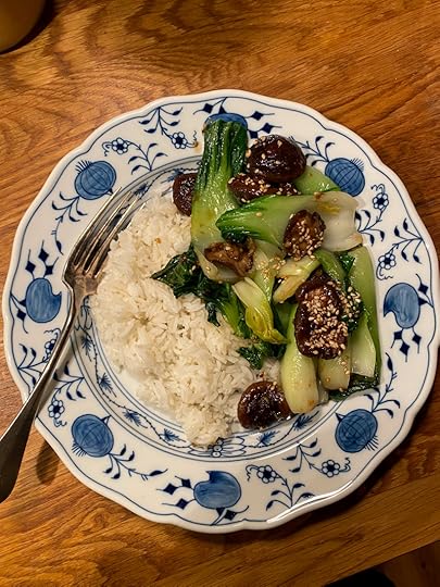 Rice with glazed shiitakes and bok choy