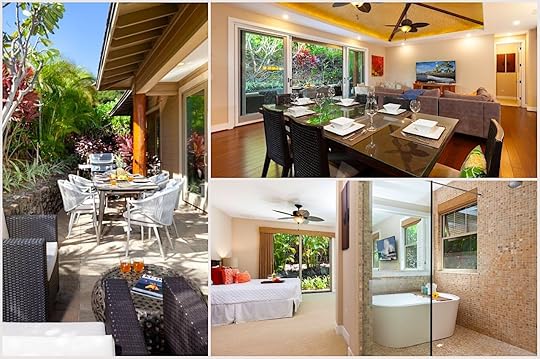 collage of photos of one story cottage inside and outside of Airbnb in Kauai 