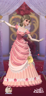 Edith in a ruffled pink dress with pink and yellow floral accents