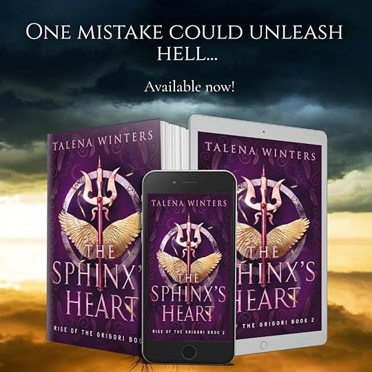 Tablet, phone, and paperback with cover for The Sphinx's Heart by Talena Winters against a dramatic cloudy background. Test: One mistake could unleash hell... Available now!