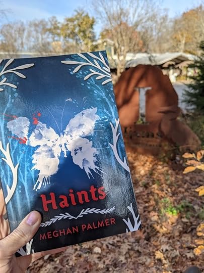 Close up of book cover for Haints with metal Ijams sign in the background. 