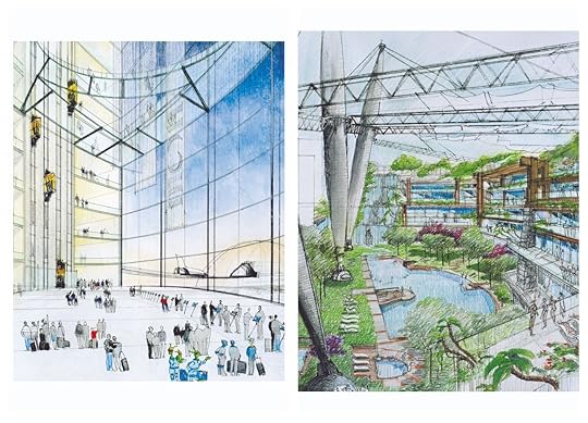 rendering of interior of resort shaped like a Moon
