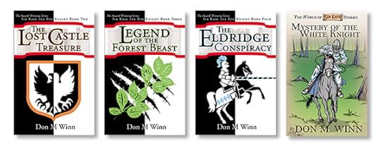 Covers of Sir Kaye the Boy Knight Books two, three, and four, the Lost Castle Treasure, Legend of the Forest Beast, and The Eldridge Conspiracy, as well as the cover of a companion novella Mystery of the White Knight. All books in this image are by Don M. Winn. Thank you for reading this book buying gift guide.