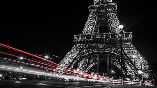 black_and_white_picture_of_paris_eiffel_tower_and_red_lights_on_road_with_dark_sky_background_during_night_hd_travel 1366x768