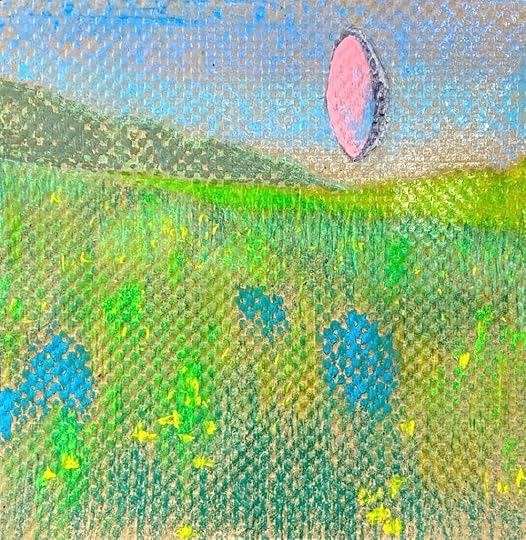 On the Horizon, 2021, acrylic, gouache, crayon, oil paintstick on brown packing paper, 10x10.jpg