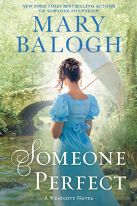 rear view of a brunette woman in a blue Regency-style dress, carrying a white parasol, looking at a river with a stone bridge in the background