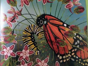 illustration of a monarch caterpillar and a monarch butterfly snuggling with a flowery background