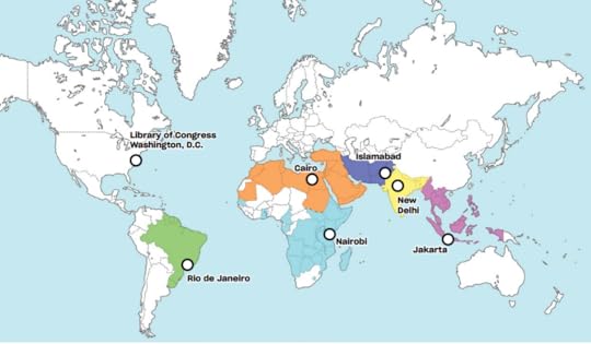 A world political map with countries hosting Library offices highlighted.