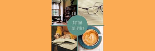 four stock pictures with 'author interview' in a circle in the centre. pictures are of a library, glasses on a book, someone writing, and a cup of coffee.