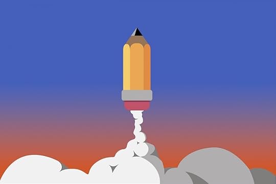 Image: a pencil-shaped rocket launching into space