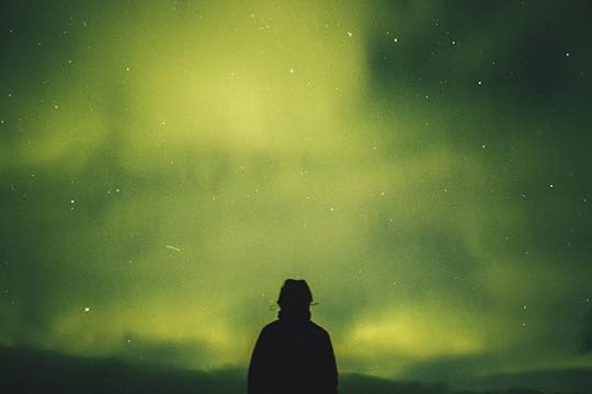 Silhouette of a person looking up at a night sky full of green aurora borealis and stars.
