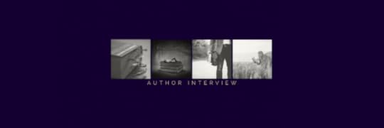 four pictures: a book with flowers in the pages, a stack of books with a ladder on the side and someone reading on top, a man holding a book and a man reading a book. Text says 'author interview'.