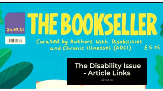 The top of The Disability Issue cover with The Bookseller in yellow font on a blue background and The Disability Issue - article links is written in white font on a black background.