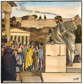 Demosthenes giving a great oration.