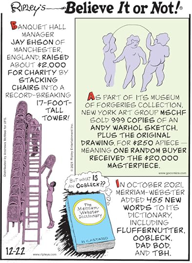 1. Banquet hall manager Jay Ehson of Manchester, England, raised about $2,000 for charity by stacking chairs into a record-breaking 17-foot-tall tower! 2. As part of its Museum of Forgeries collection, New York art group MSCHF sold 999 copies of an Andy Warhol sketch, plus the original drawing, for $250 apiece - meaning one random buyer received the $20,000 masterpiece. 3. In October 2021, Merriam-Webster added 455 new words to its dictionary, including fluffernutter, oobleck, dad bod, and TBH.