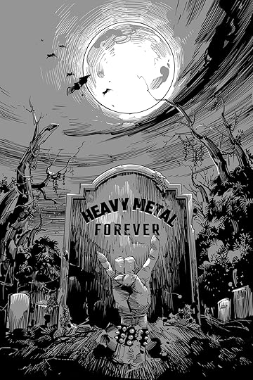 zombie metal in moonlit graveyard black and white comics style illustration
