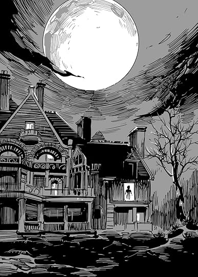 victorian house in moon lit night black and white comics style illustration