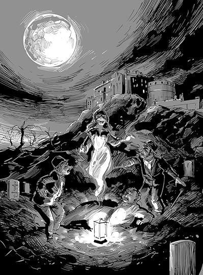 banshee in moon lit night black and white comics style illustration
