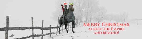Statue of Marcus Aurelius in Santa hat on horse in the snow. Caption: 