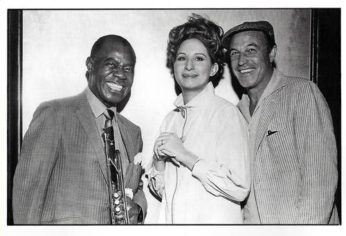 Louis Armstrong, Barbra Streisand and Gene Kelly on the set of Hello Dolly (1969)