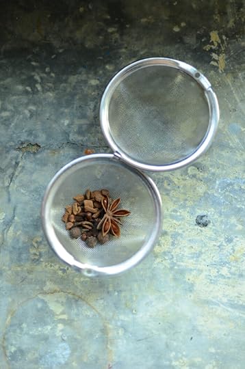 Mulling spices in a large, mesh tea ball.