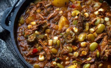 Closeup of a pot of Brunswick stew