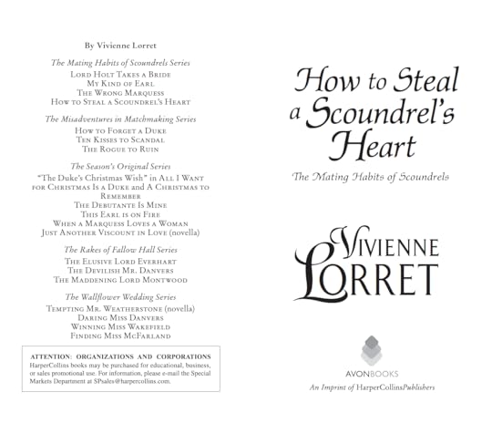 May be an image of text that says 'By Vivienne Lorret The Mating Habits Scoundrels Series LORD HOLT TAKES BRIDE ”KIND EARL TH VRONG The Misadventures Matchmaking Series FORGET .UE TEN KISSES'T SCANDAL ROGUE The Season's Original