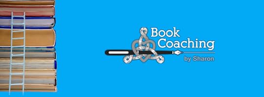 Stack of books with ladder beside Book Coaching by Sharon logo