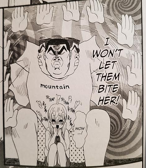 Goda, with pursed lips and overstated focus swats all around Rinko to disperse mosquitos while Rinko shrinks into his lap and blushes