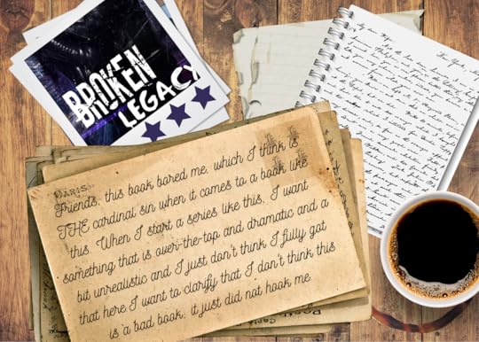 Friends, this book bored me, which I think is THE cardinal sin when it comes to a book like this. When I start a series like this, I want something that is over-the-top and dramatic and a bit unrealistic and I just don't think I fully got that here. I want to clarify that I don't think this is a bad book; it just did not hook me. 